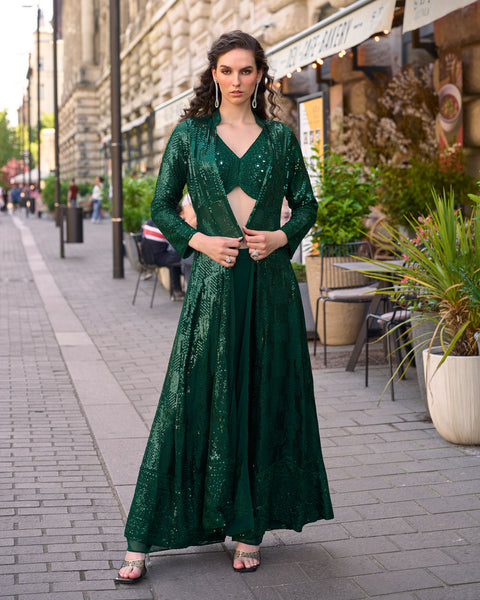 Green Georgette Women Readymade Sequins Work Crop Top Palazzo Set With Jacket