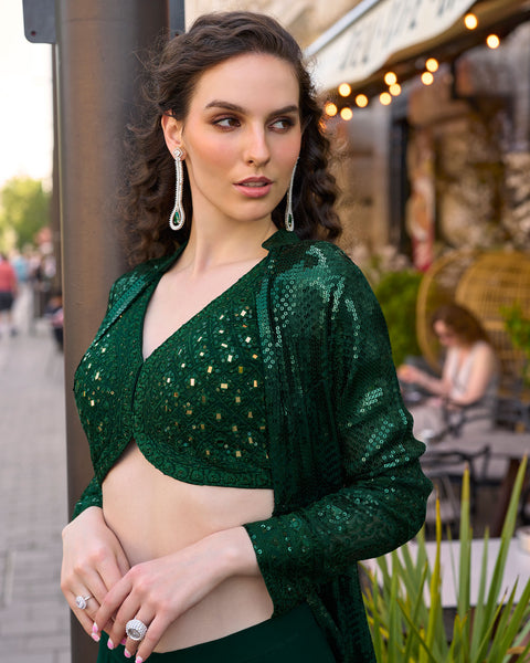 Green Georgette Women Readymade Sequins Work Crop Top Palazzo Set With Jacket