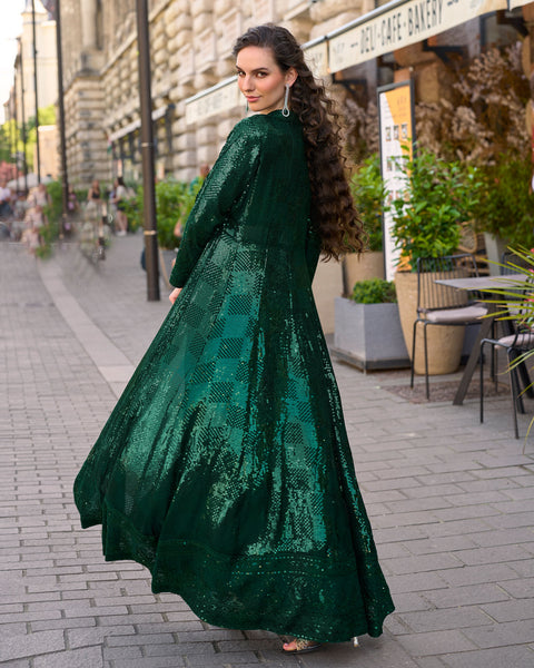 Green Georgette Women Readymade Sequins Work Crop Top Palazzo Set With Jacket
