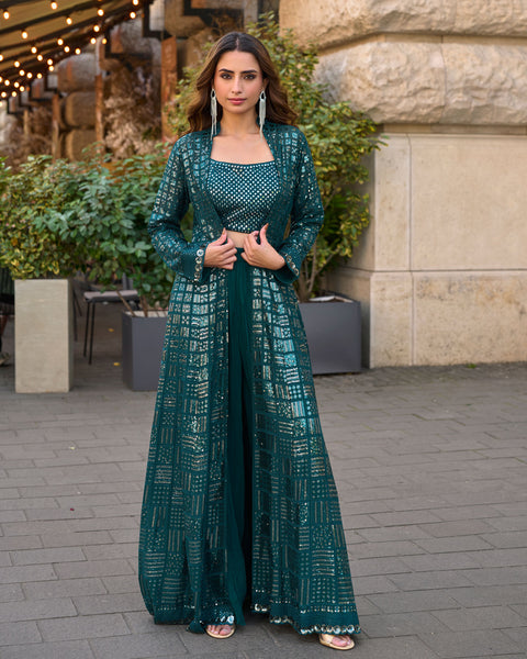 Blue Georgette Women Readymade Sequins Work Crop Top Palazzo Set With Jacket
