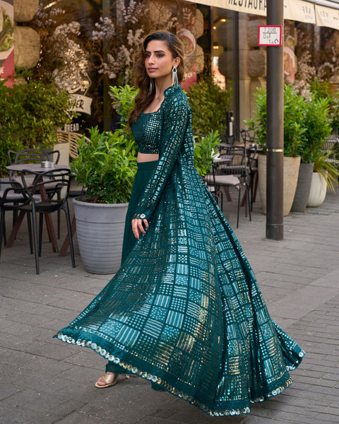 Blue Georgette Women Readymade Sequins Work Crop Top Palazzo Set With Jacket
