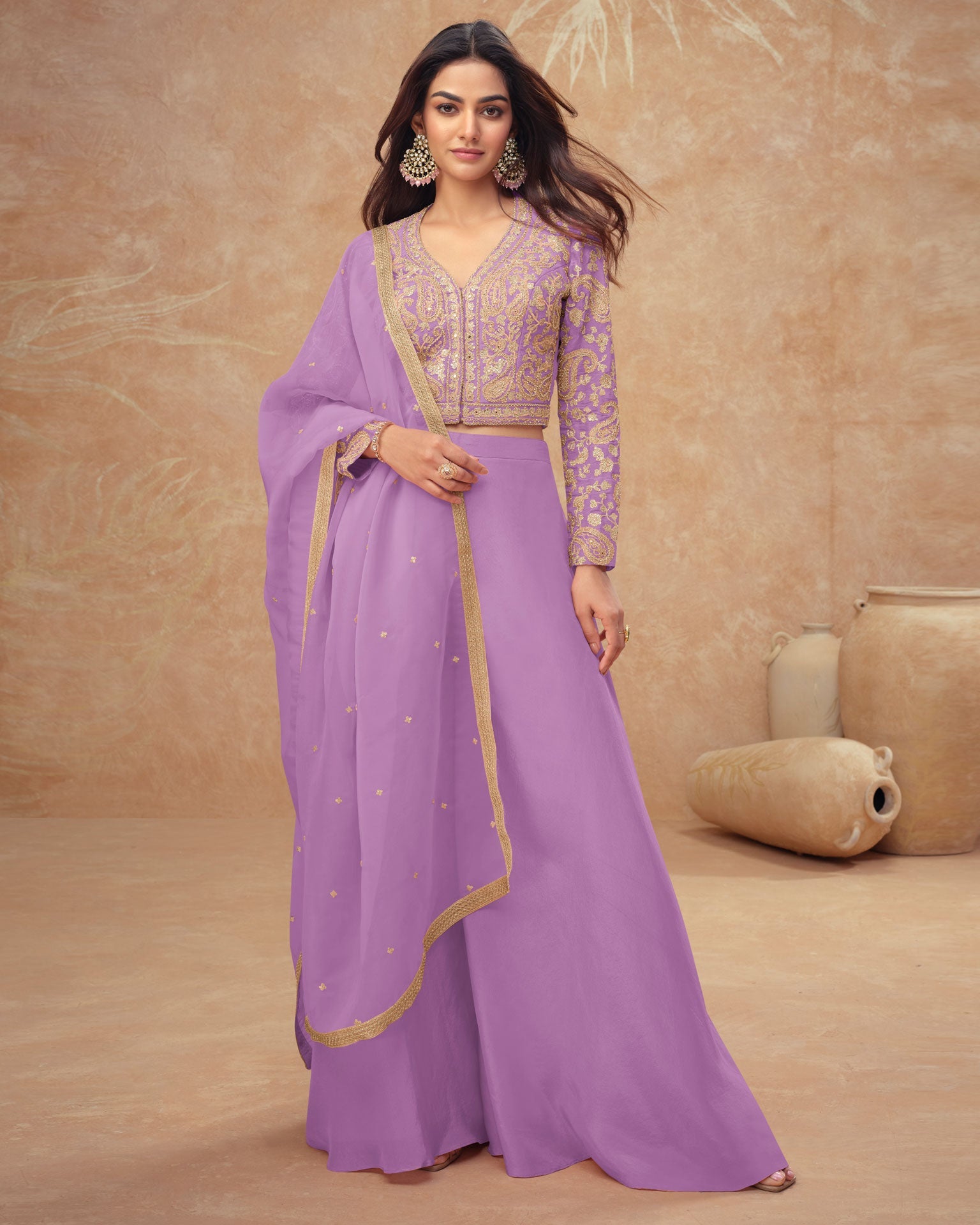 Light Purple Readymade Simar Silk Crop Top Palazzo Suit With Silk Dupatta