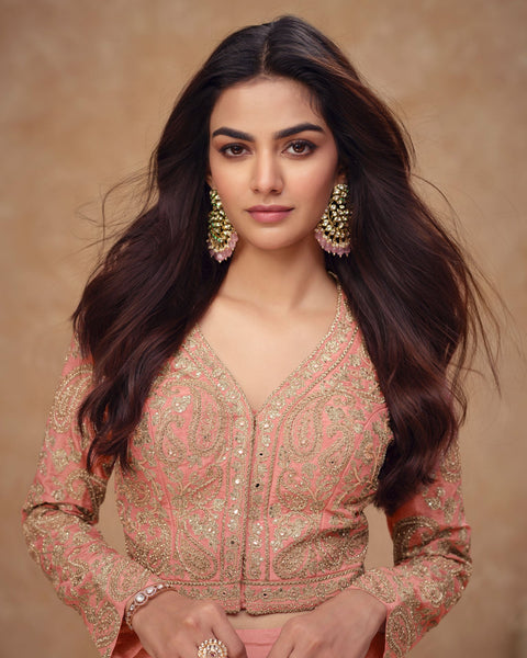 Light Pink Readymade Simar Silk Crop Top Palazzo Suit With Silk Dupatta