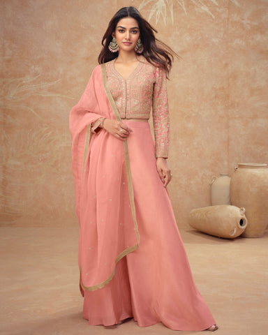 Light Pink Readymade Simar Silk Crop Top Palazzo Suit With Silk Dupatta