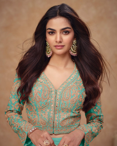 Sea Green Readymade Simar Silk Crop Top Palazzo Suit With Silk Dupatta