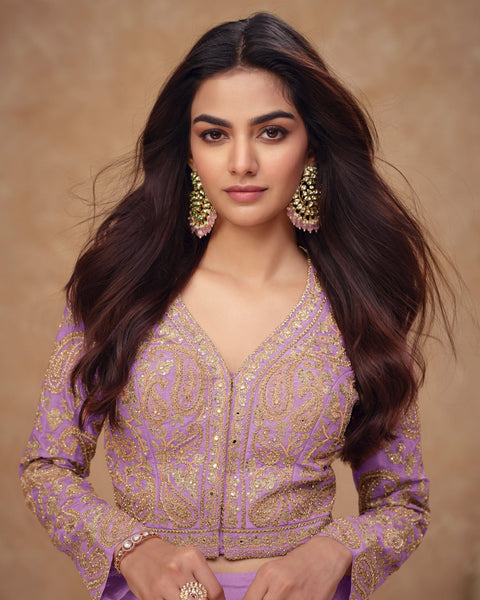 Light Purple Readymade Simar Silk Crop Top Palazzo Suit With Silk Dupatta