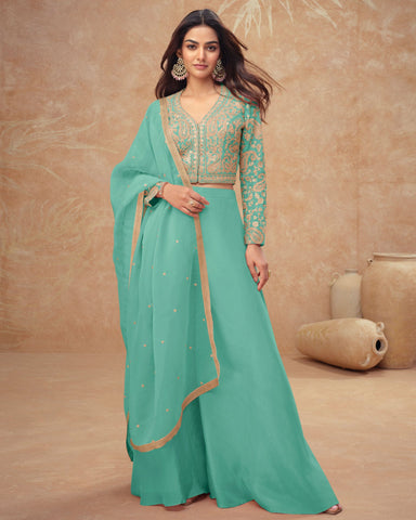 Sea Green Readymade Simar Silk Crop Top Palazzo Suit With Silk Dupatta