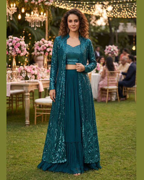 Blue Georgette Women Readymade Sequins Work Crop Top Palazzo Set With Jacket