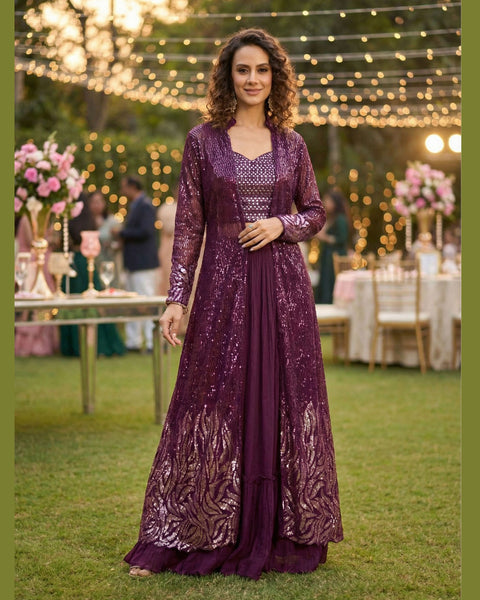 Wine Georgette Women Readymade Sequins Work Crop Top Palazzo Set With Jacket