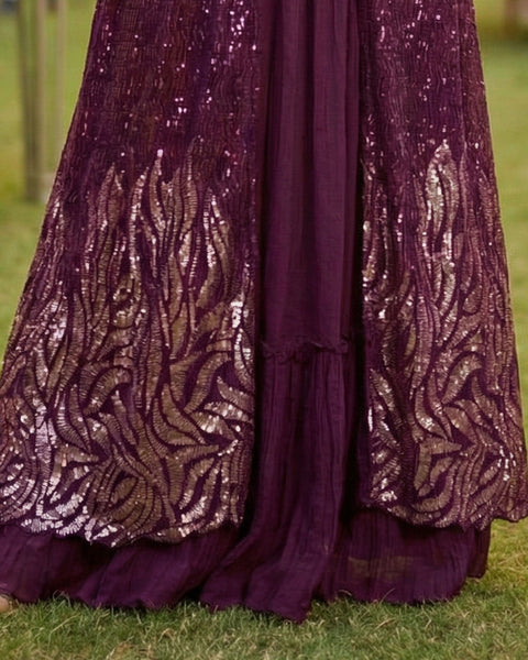 Wine Georgette Women Readymade Sequins Work Crop Top Palazzo Set With Jacket