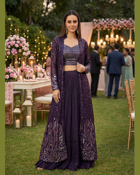 Purple Georgette Women Readymade Sequins Work Crop Top Palazzo Set With Jacket