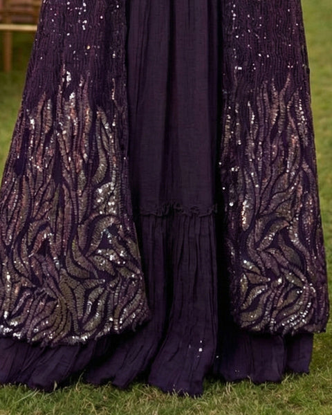 Purple Georgette Women Readymade Sequins Work Crop Top Palazzo Set With Jacket