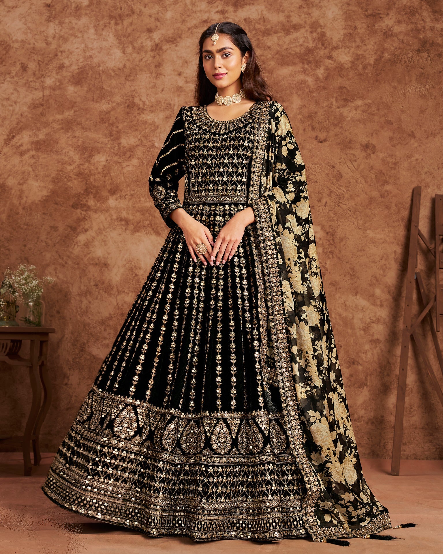 Black Zari Sequins Work Velvet Women Readymade Anarkali Gown With Dupatta