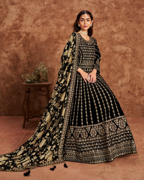 Black Zari Sequins Work Velvet Women Readymade Anarkali Gown With Dupatta