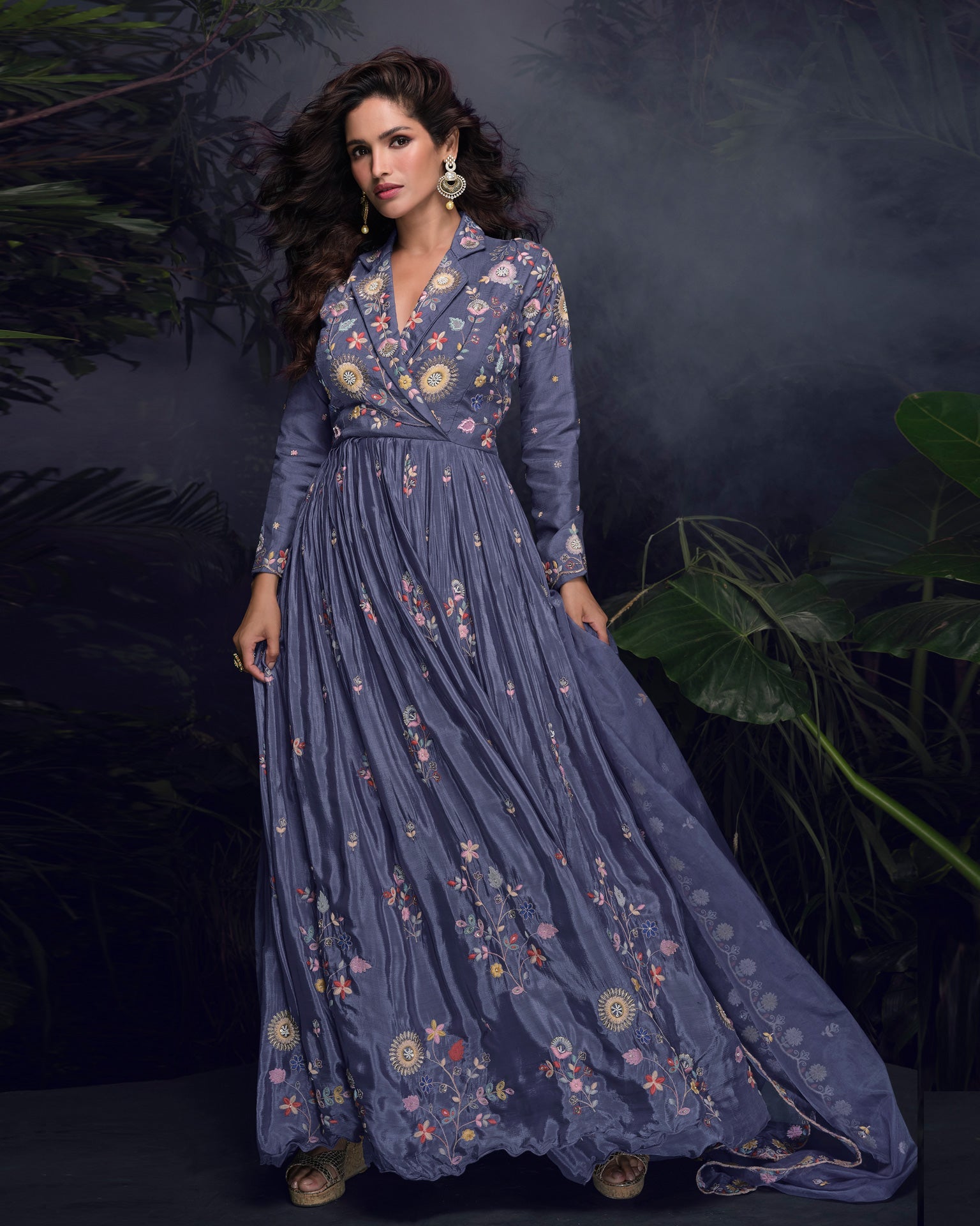 Blue Chinnon Silk Thread Embroidered Women Readymade Anarkali Frock Suit