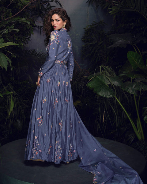 Blue Chinnon Silk Thread Embroidered Women Readymade Anarkali Frock Suit