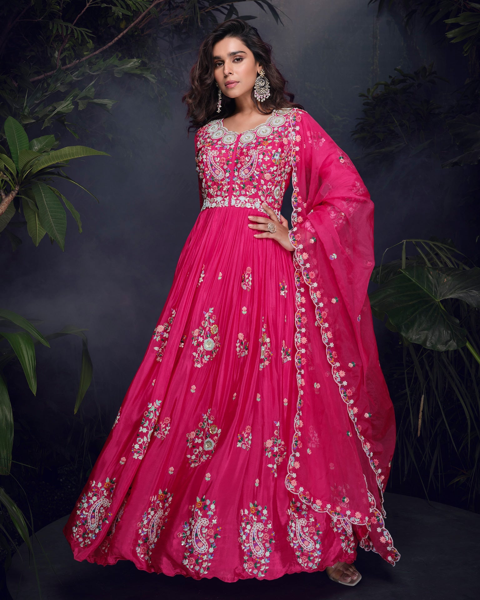 Pink Chinnon Silk Thread Embroidered Women Readymade Anarkali Frock Suit