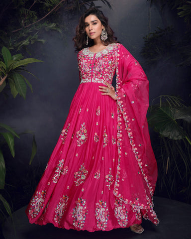 Pink Chinnon Silk Thread Embroidered Women Readymade Anarkali Frock Suit