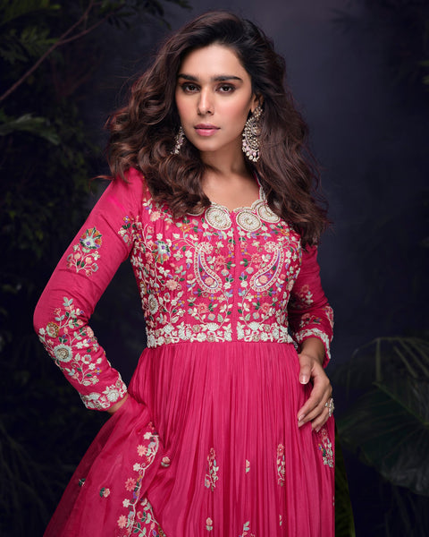 Pink Chinnon Silk Thread Embroidered Women Readymade Anarkali Frock Suit
