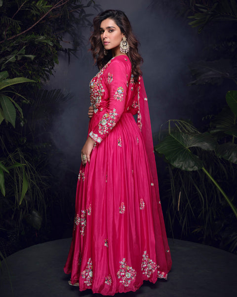 Pink Chinnon Silk Thread Embroidered Women Readymade Anarkali Frock Suit