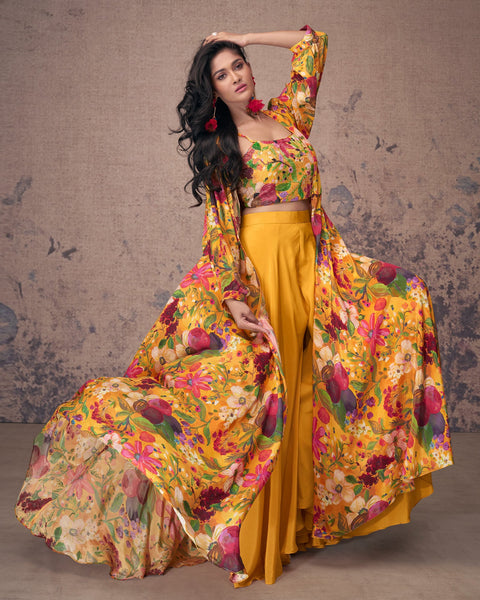 Yellow Crop Top Palazzo Suit With Shrug