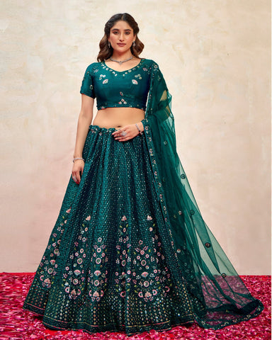 Teal Fendy Silk Women Unstitched Sequins Work Lehenga Choli