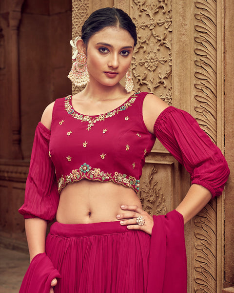 Pink Faux Georgette Lehenga With Embroidered Blouse & Net Dupatta