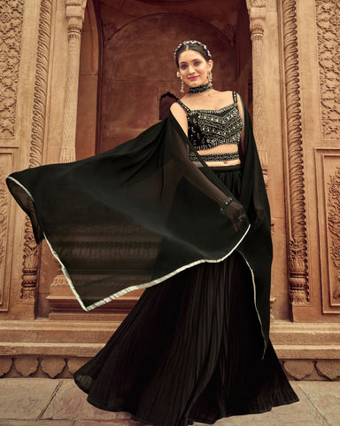 Black Faux Georgette Lehenga With Embroidered Blouse & Net Dupatta