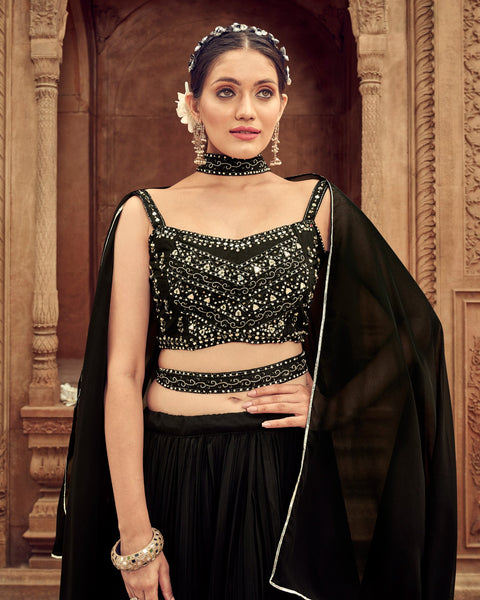 Black Faux Georgette Lehenga With Embroidered Blouse & Net Dupatta