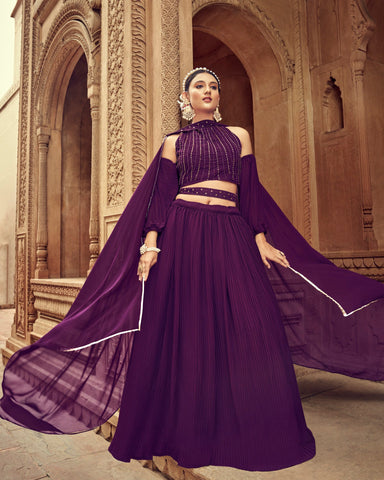 Purple Faux Georgette Lehenga With Embroidered Blouse & Net Dupatta