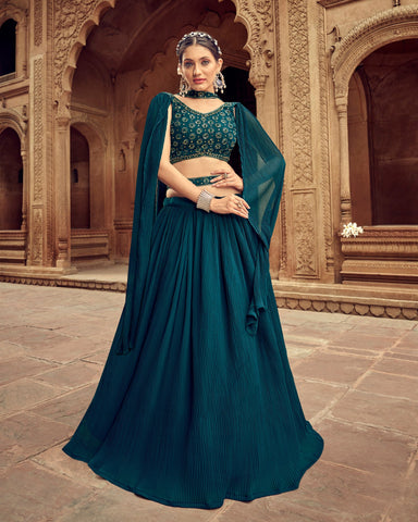 Blue Faux Georgette Lehenga With Embroidered Blouse & Net Dupatta
