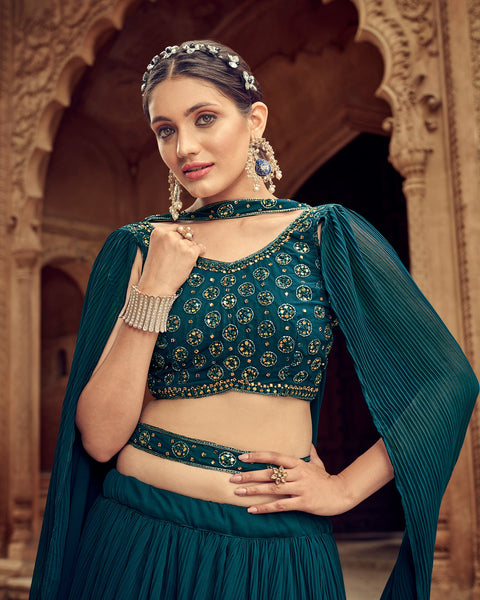 Blue Faux Georgette Lehenga With Embroidered Blouse & Net Dupatta