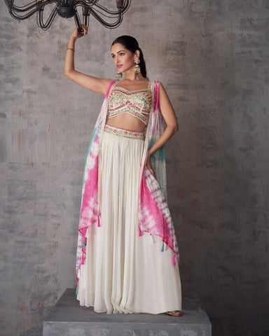 White Crop Top Georgette Palazzo Suit With Dupatta