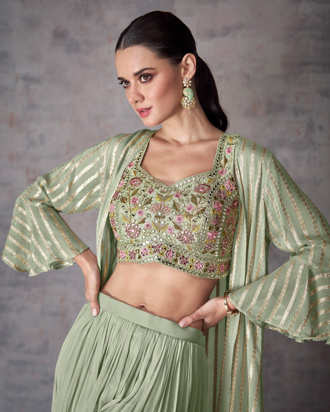 Green Crop Top Georgette Palazzo Suit With Shrug