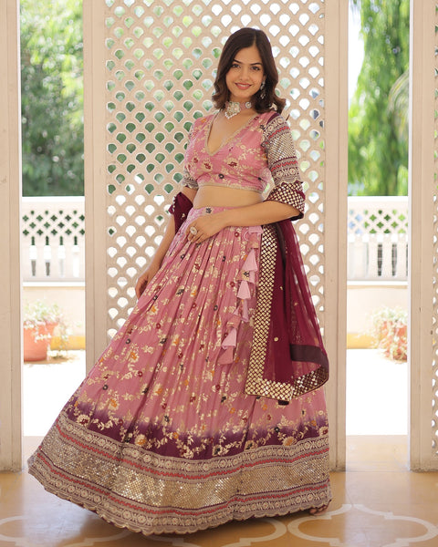 Pink & Maroon Viscose Jacquard Sequins Embroidered Lehenga Choli With Embroidered Maroon Dupatta