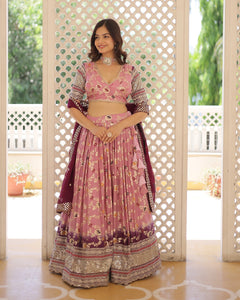 Pink & Maroon Viscose Jacquard Sequins Embroidered Lehenga Choli With Embroidered Maroon Dupatta