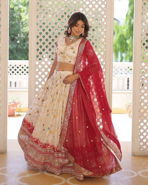 Cream & Red Viscose Jacquard Sequins Embroidered Lehenga Choli With Embroidered Red Dupatta