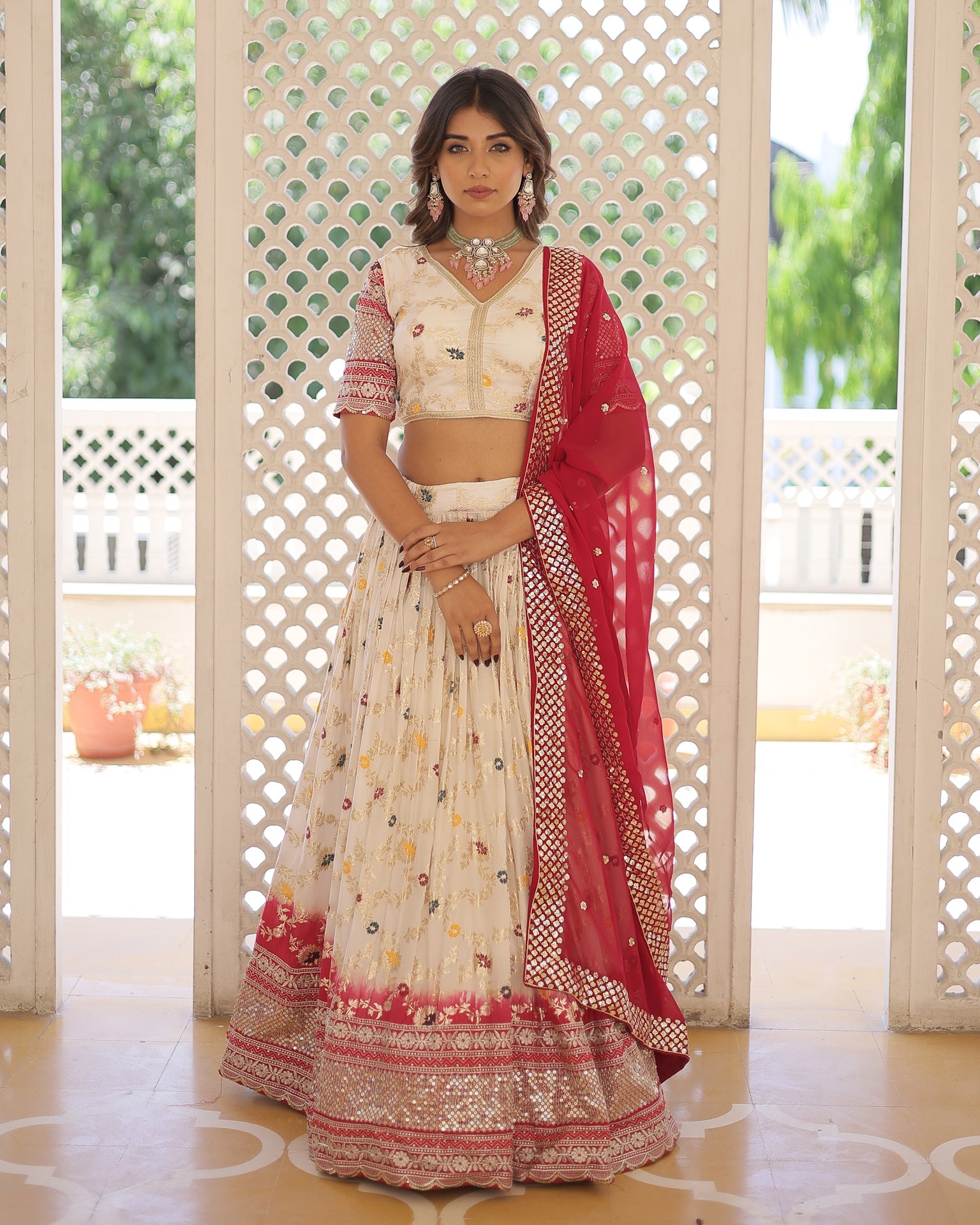 Cream & Red Viscose Jacquard Sequins Embroidered Lehenga Choli With Embroidered Red Dupatta