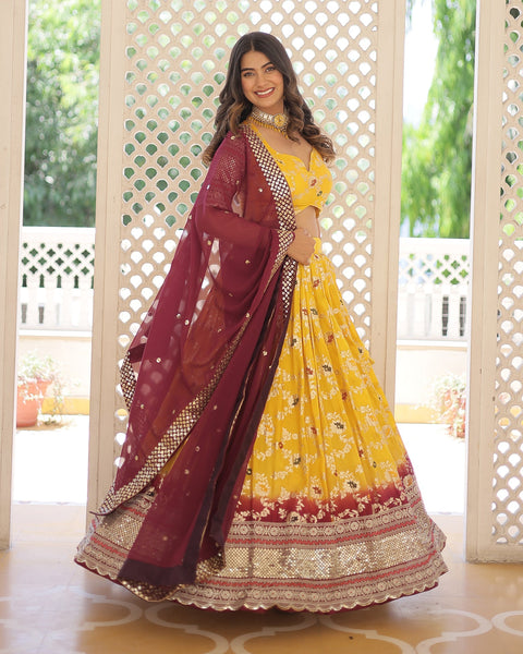 Yellow & Maroon Viscose Jacquard Sequins Embroidered Lehenga Choli With Embroidered Maroon Dupatta