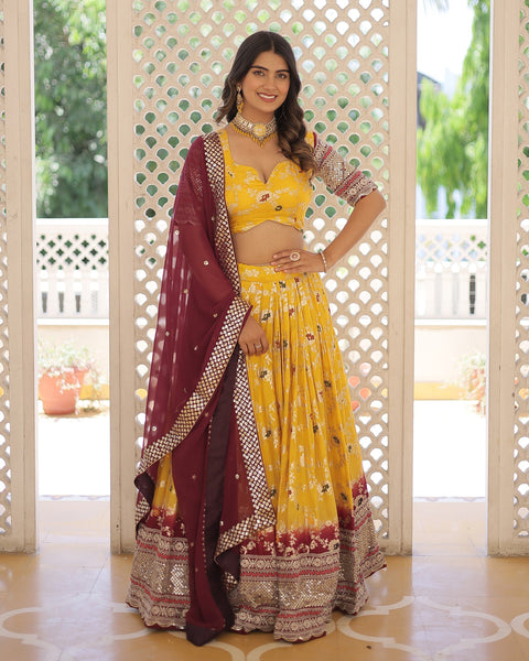 Yellow & Maroon Viscose Jacquard Sequins Embroidered Lehenga Choli With Embroidered Maroon Dupatta