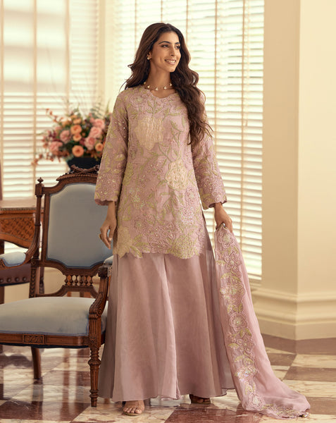 Pink Simar Silk Hand Work Readymade Short Kurta For Woman With Palazzo Pant