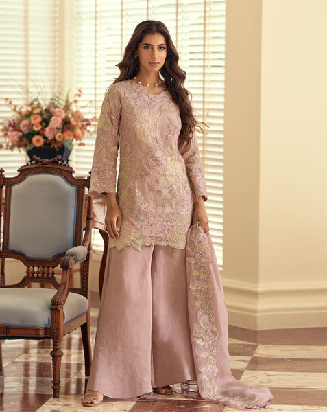 Pink Simar Silk Hand Work Readymade Short Kurta For Woman With Palazzo Pant