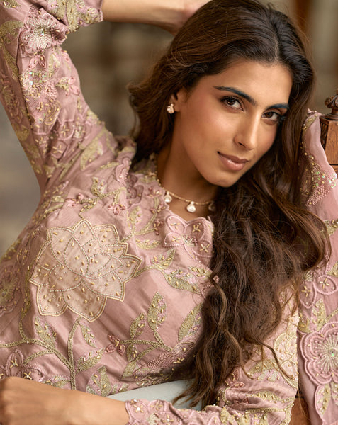 Pink Simar Silk Hand Work Readymade Short Kurta For Woman With Palazzo Pant