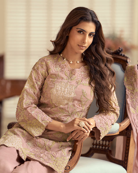 Pink Simar Silk Hand Work Readymade Short Kurta For Woman With Palazzo Pant