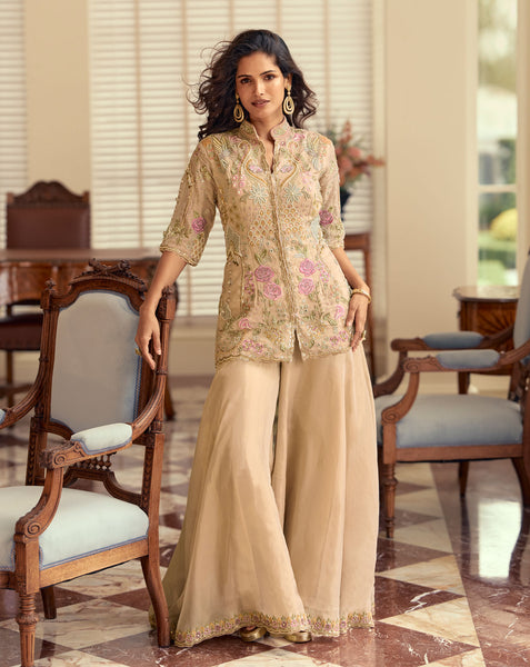 Beige Simar Silk Hand Work Readymade Short Kurta For Woman With Palazzo Pant