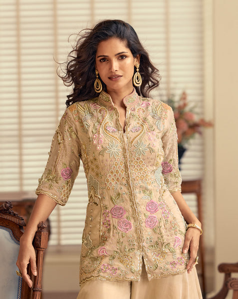 Beige Simar Silk Hand Work Readymade Short Kurta For Woman With Palazzo Pant