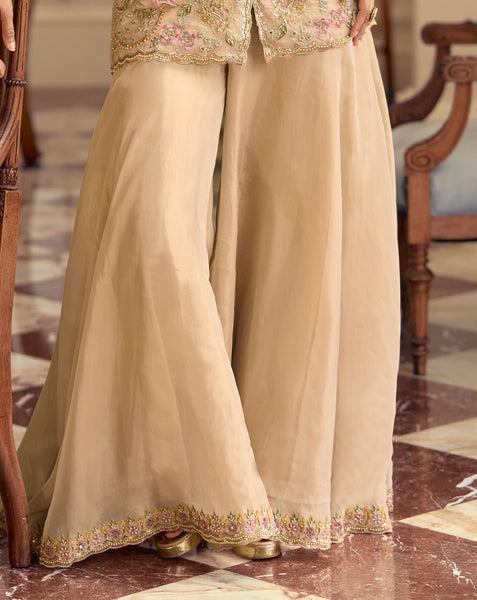 Beige Simar Silk Hand Work Readymade Short Kurta For Woman With Palazzo Pant