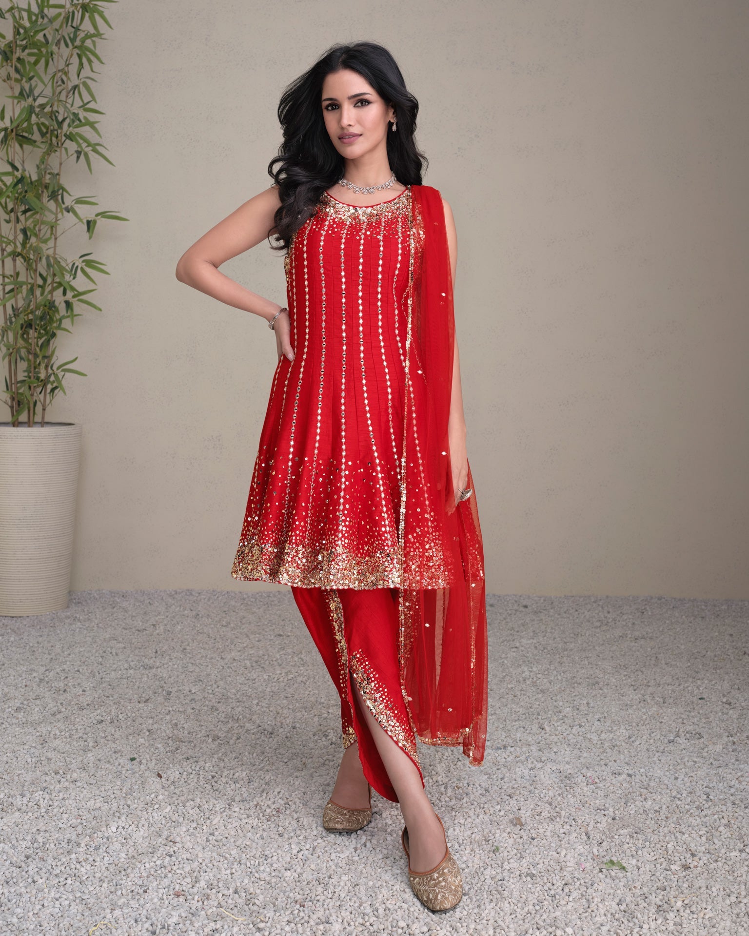 Women Red Silk Sequins & Mirror Work Readymade Frock Suit With Embroidered Dhoti Salwar