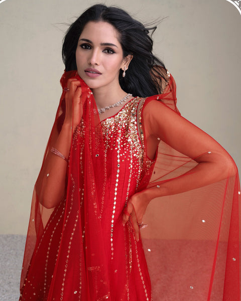 Women Red Silk Sequins & Mirror Work Readymade Frock Suit With Embroidered Dhoti Salwar