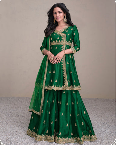 Women Green Silk Sequins & Zari Work Readymade Frock Suit With Embroidered Lehenga